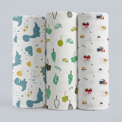 LazyToddler Premium Muslin Baby Swaddle Set of 3 | Multi-Print Design Blankets