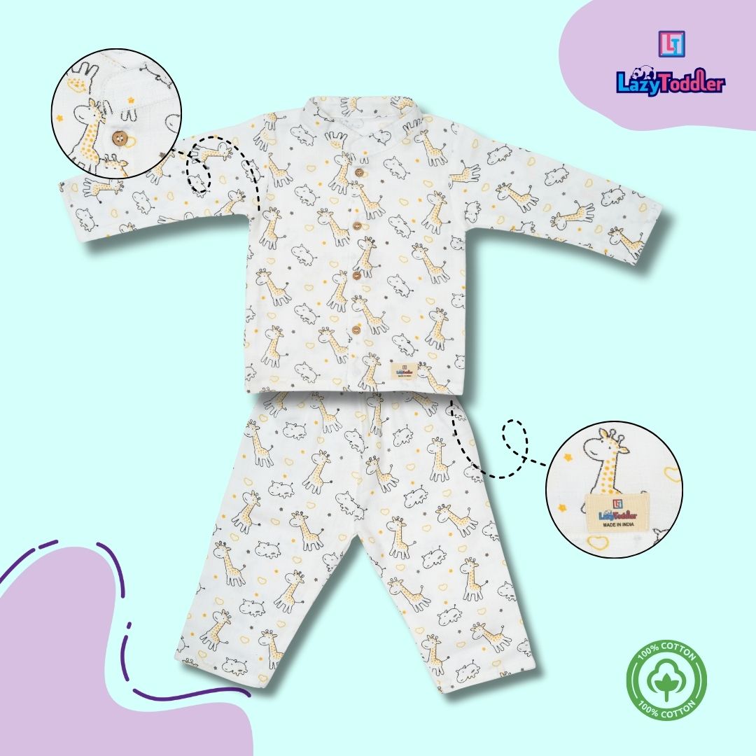 Premium Muslin Chinese Collar Co-ord Set Full Shirt & Pant (Giraffe)