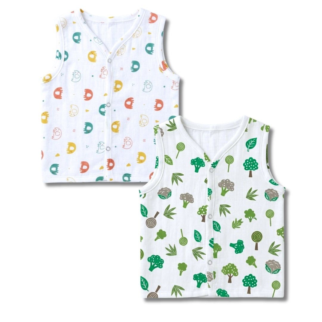 Premium Muslin Printed Push-Button Jhabla Pack of 2 - Mix Print
