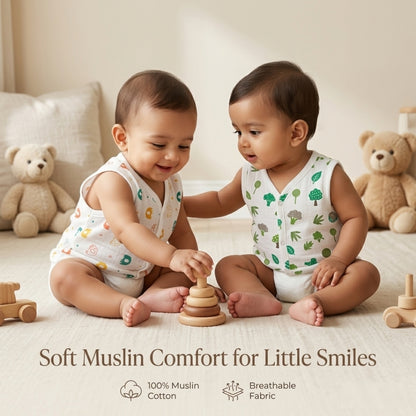 Premium Muslin Printed Push-Button Jhabla Pack of 2 - Mix Print