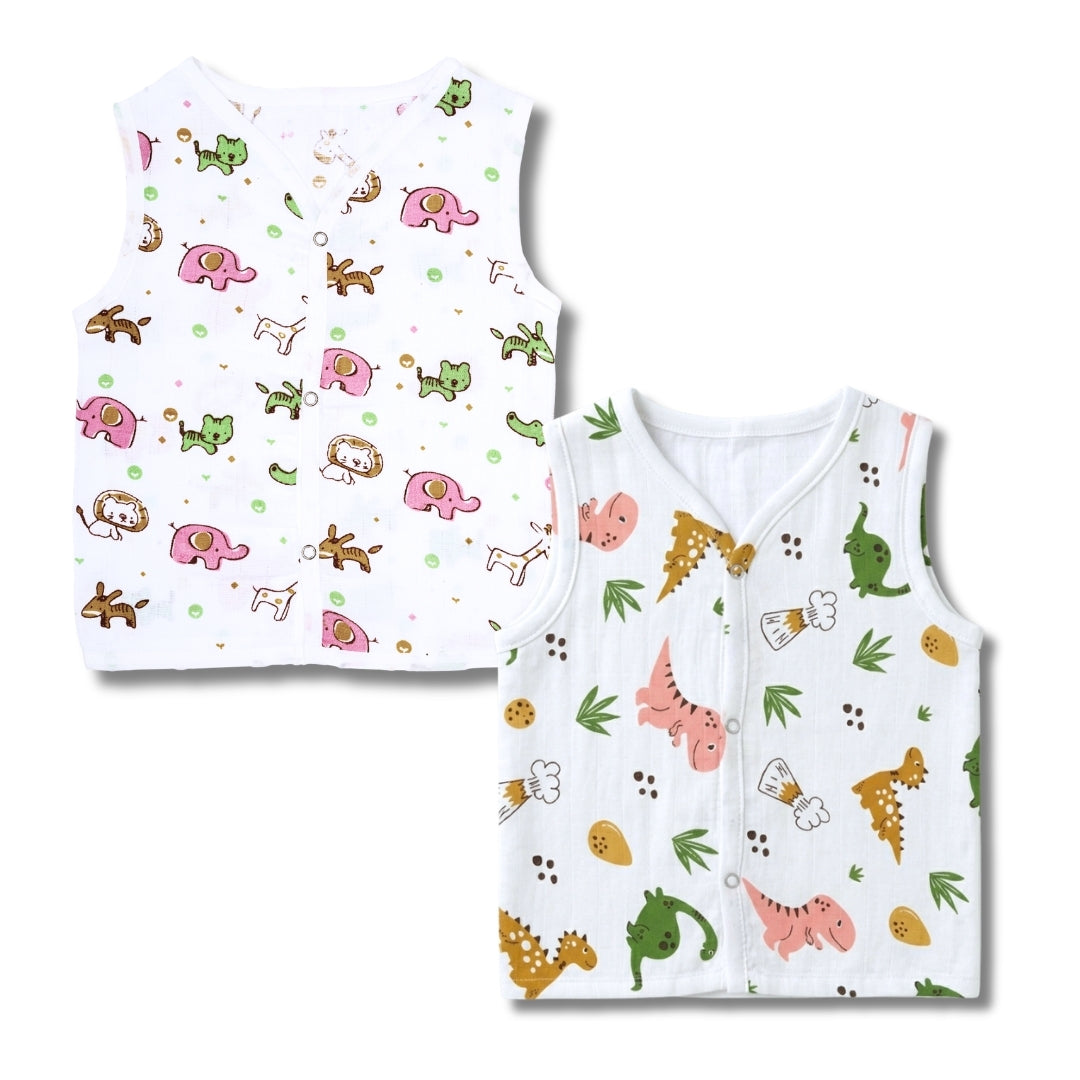 Premium Muslin Printed Push-Button Jhabla Pack of 2 - Mix Print