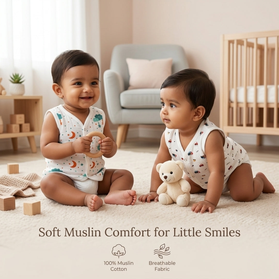 Premium Muslin Printed Push-Button Jhabla Pack of 2 - Mix Print