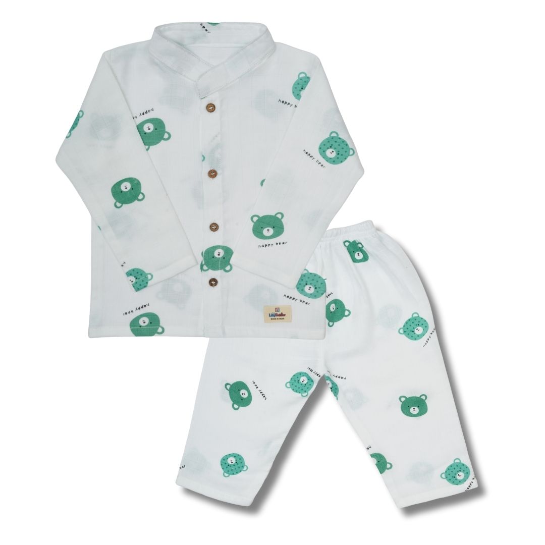 Premium Muslin Chinese Collar Co-ord Set Full Shirt & Pant (Bear)