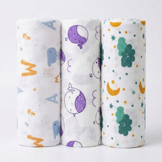 LazyToddler Premium Muslin Baby Swaddle Set of 3 | Multi-Print Design Blankets