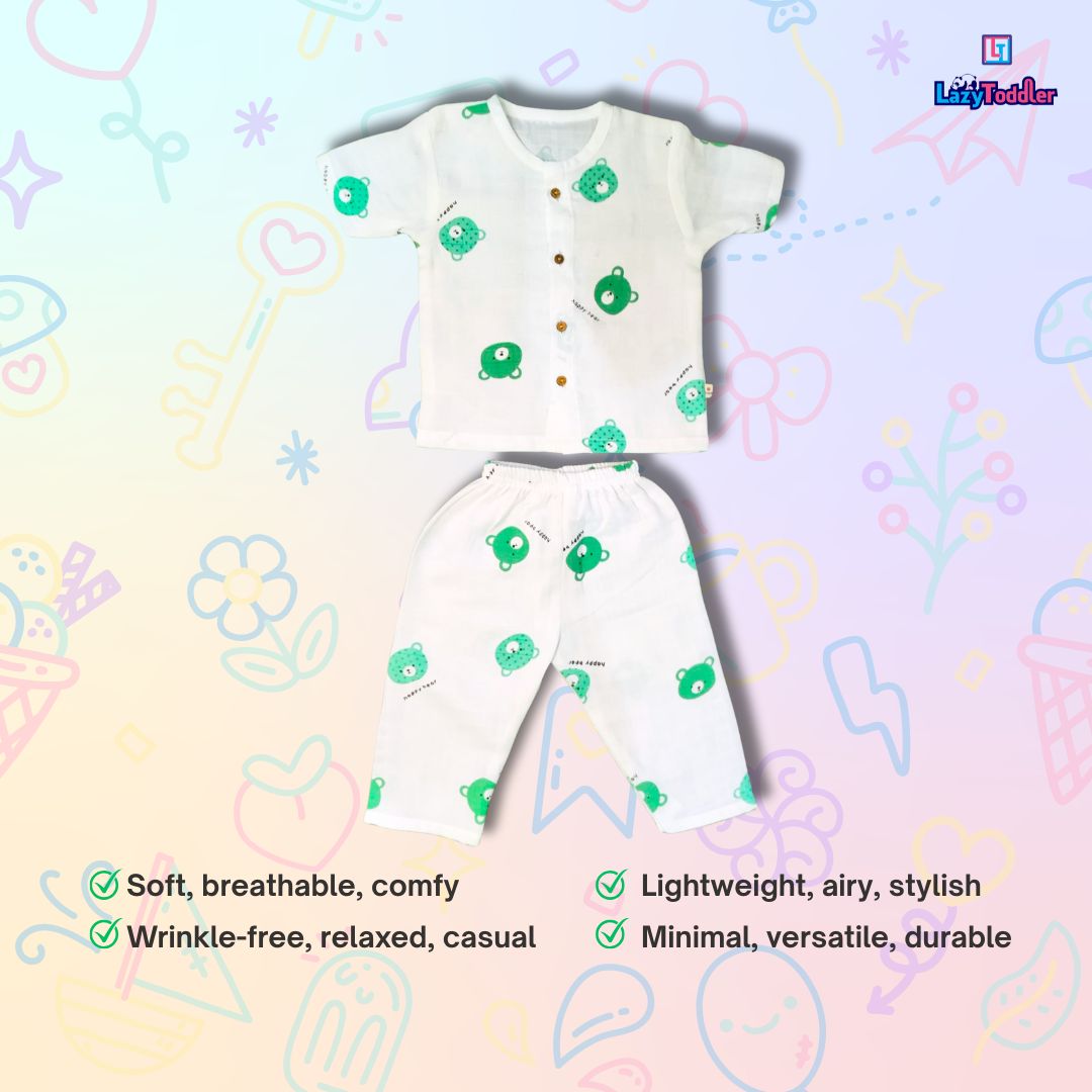LazyToddler Muslin Half Shirt and Full Pant Set (Bear)