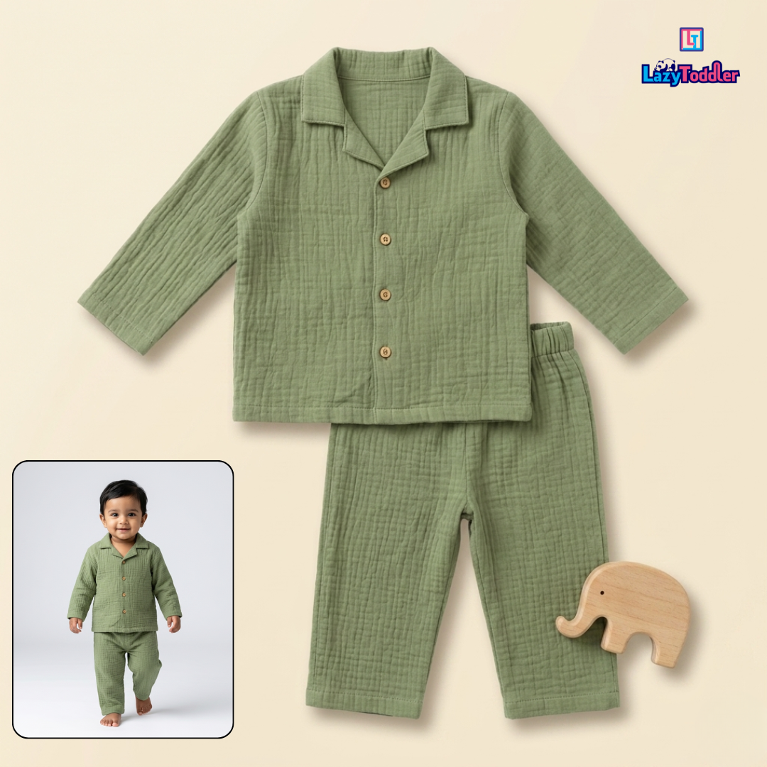 LazyToddler Crinkle Cotton Full Shirt & Pant Co-ord Set – Marine Green | Soft Breathable Baby & Toddler Outfit (Boys & Girls)
