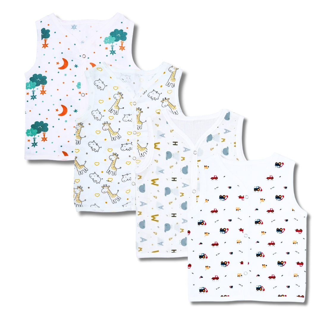 Premium Muslin Printed Push-Button Jhabla Pack of 4 - Mix Print