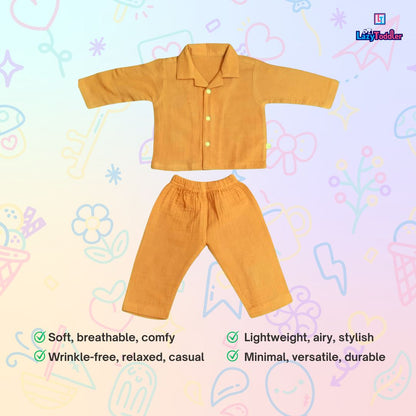 Crinkled Muslin Full Night Suit Premium Open Collar