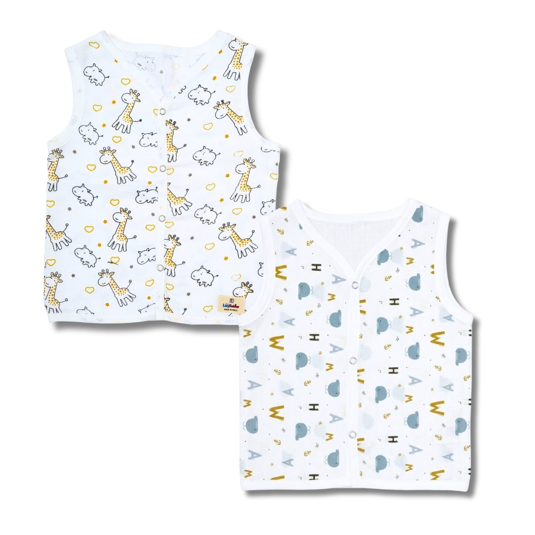 Premium Muslin Printed Push-Button Jhabla Pack of 2 - Mix Print