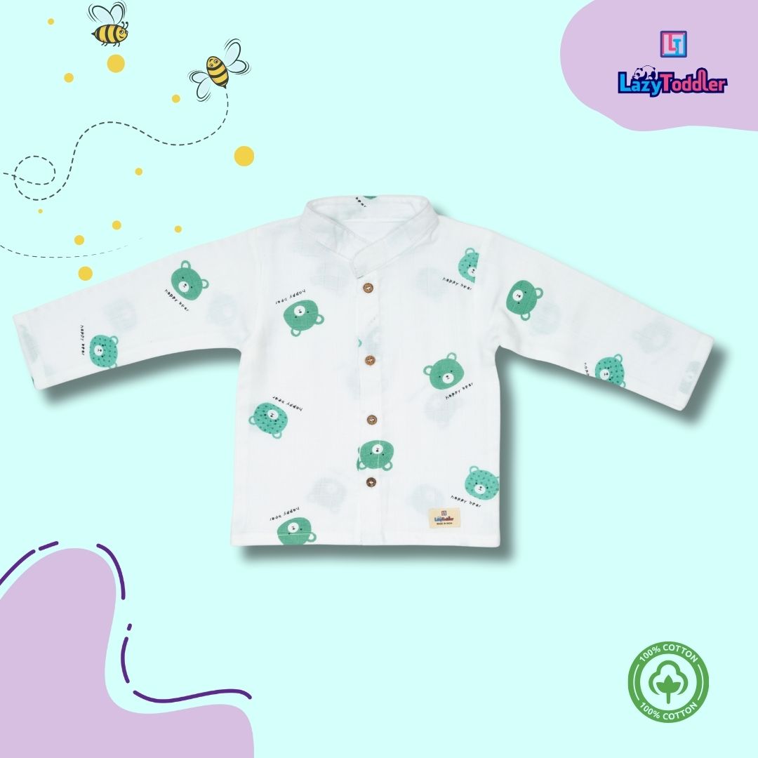 Premium Muslin Chinese Collar Co-ord Set Full Shirt & Pant (Bear)