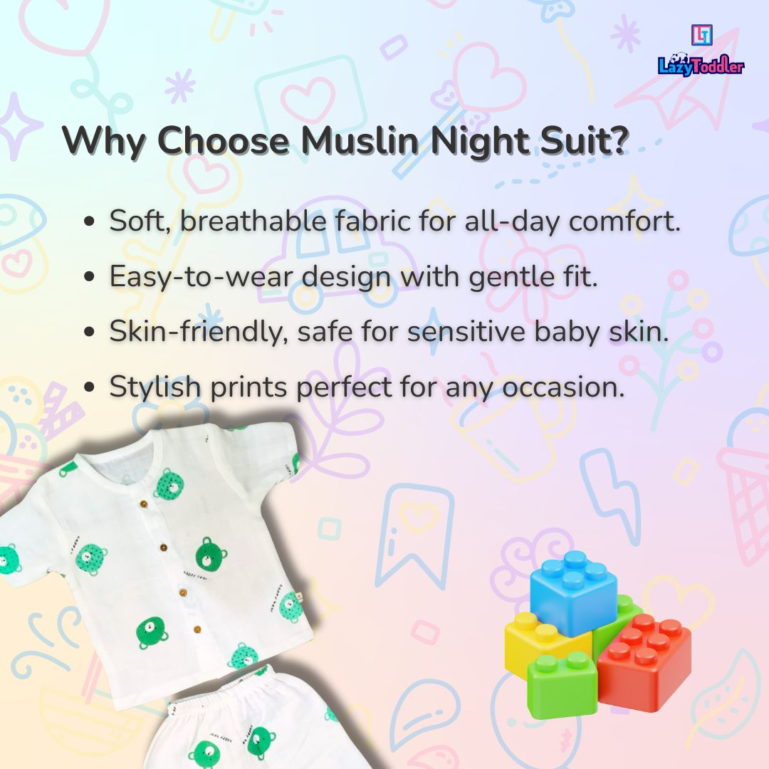 LazyToddler Muslin Half Shirt and Full Pant Set (Bear)