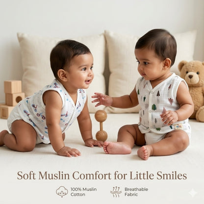 Premium Muslin Printed Push-Button Jhabla Pack of 4 - Mix Print
