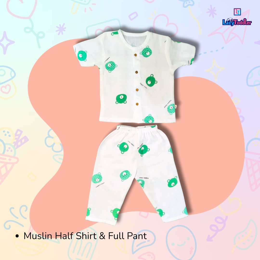 LazyToddler Muslin Half Shirt and Full Pant Set (Bear)