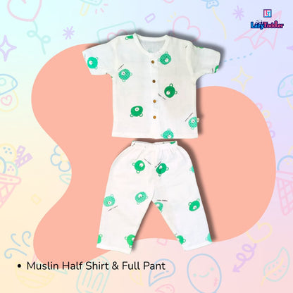 LazyToddler Muslin Half Shirt and Full Pant Set (Bear)