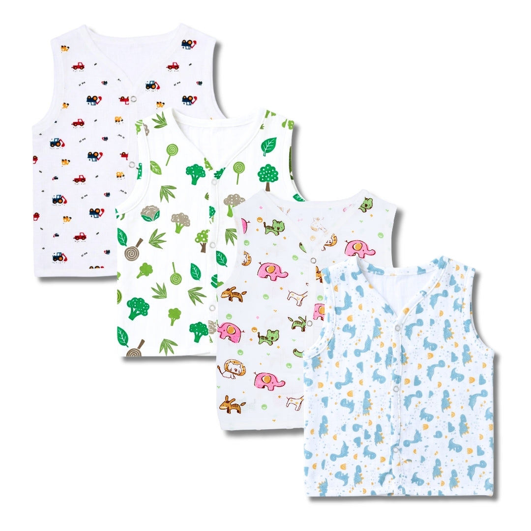 Premium Muslin Printed Push-Button Jhabla Pack of 4 - Mix Print
