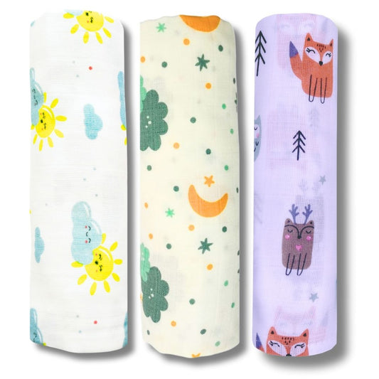 Lazytoddler Muslin Swaddle Printed Design (Cloud , Sun , Fox ) Set of 3