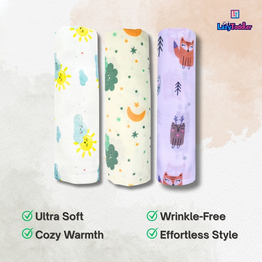 Lazytoddler Muslin Swaddle Printed Design (Cloud , Sun , Fox ) Set of 3