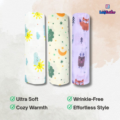 Lazytoddler Muslin Swaddle Printed Design (Cloud , Sun , Fox ) Set of 3