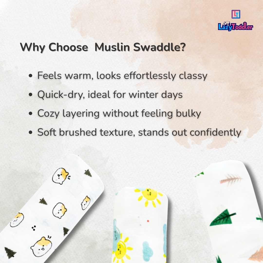 Lazytoddler Muslin Swaddle Printed Design (Cloud , Sun , Fox ) Set of 3