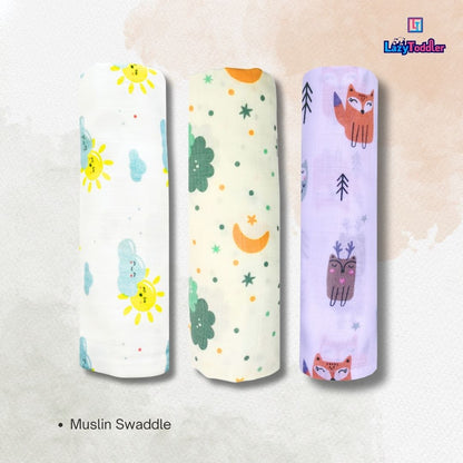 Lazytoddler Muslin Swaddle Printed Design (Cloud , Sun , Fox ) Set of 3