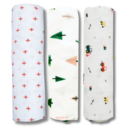 Lazytoddler Muslin Swaddle Printed Design (Red Plus, Tree , Crane) Set of 3