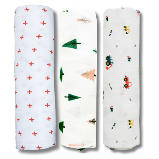Lazytoddler Muslin Swaddle Printed Design (Red Plus, Tree , Crane) Set of 3