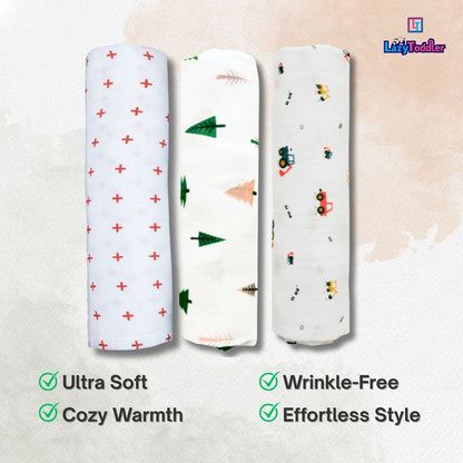 Lazytoddler Muslin Swaddle Printed Design (Red Plus, Tree , Crane) Set of 3