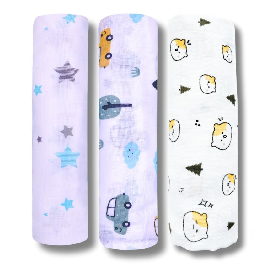 Lazytoddler Muslin Swaddle Printed Design (Blue Star , Car , Teddy) Set of 3