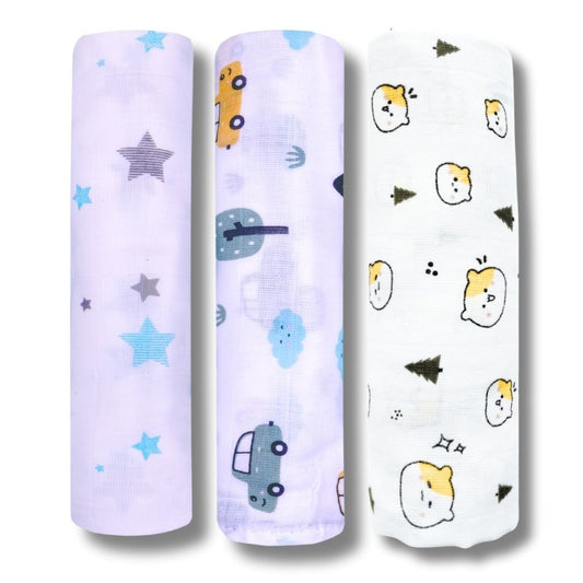 Lazytoddler Muslin Swaddle Printed Design (Blue Star , Car , Teddy) Set of 3