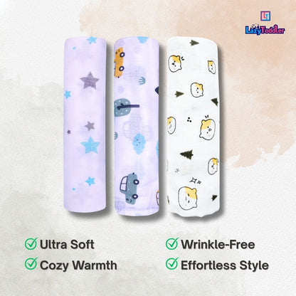 Lazytoddler Muslin Swaddle Printed Design (Blue Star , Car , Teddy) Set of 3