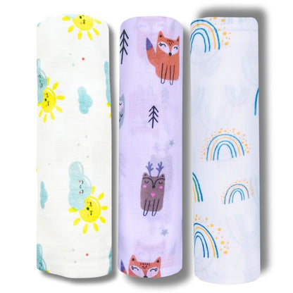 Lazytoddler Muslin Swaddle Printed Design (Rainbow , Sun , Fox ) Set of 3