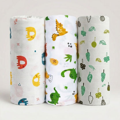 muslin swaddle set of 3 elephant dino leaf 