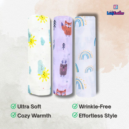 Lazytoddler Muslin Swaddle Printed Design (Rainbow , Sun , Fox ) Set of 3