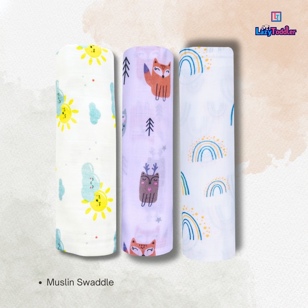 Lazytoddler Muslin Swaddle Printed Design (Rainbow , Sun , Fox ) Set of 3
