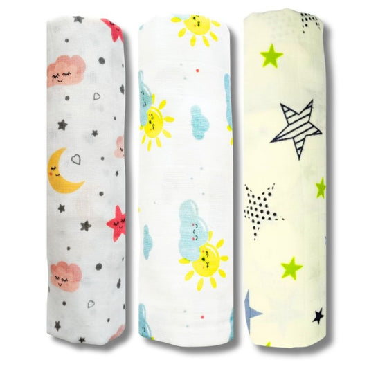 Lazytoddler Muslin Swaddle Printed Design (Sun , Moon , New Star) Set of 3
