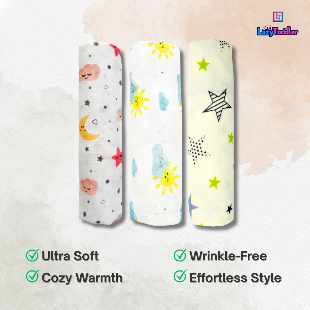 Lazytoddler Muslin Swaddle Printed Design (Sun , Moon , New Star) Set of 3