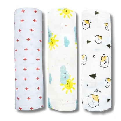 Lazytoddler Muslin Swaddle Printed Design (Red Plus , Sun , Teddy) Set of 3