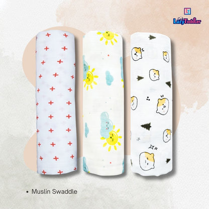 Lazytoddler Muslin Swaddle Printed Design (Red Plus , Sun , Teddy) Set of 3