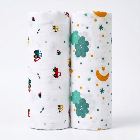 Lazytoddler Muslin Swaddle Printed Design (Crane & Cloud) Set of 2