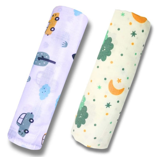 Lazytoddler Muslin Swaddle Printed Design (Car , Cloud)  Set of 2