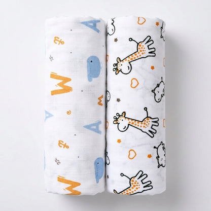Lazytoddler Muslin Swaddle Printed Design (Alphabet & Giraffe) Set of 2