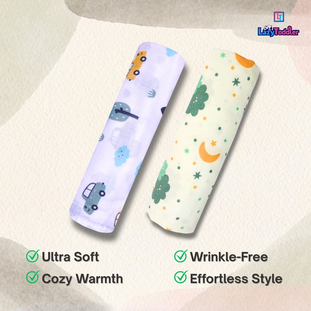 Lazytoddler Muslin Swaddle Printed Design (Car , Cloud)  Set of 2