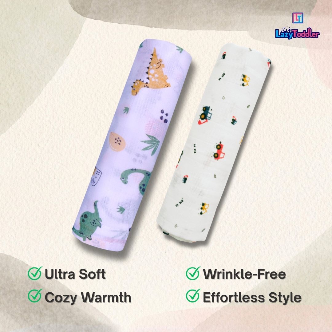 Lazytoddler Muslin Swaddle Printed Design (Dino & Crane ) Set of 2