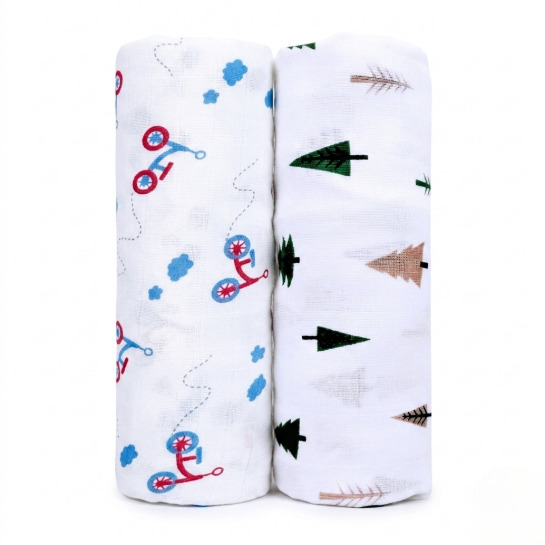 Lazytoddler Muslin Swaddle Printed Design (Cycle & Tree) Set of 2