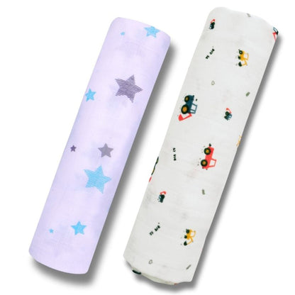 Lazytoddler Muslin Swaddle Printed Design (Blue Star , Crane)  Set of 2