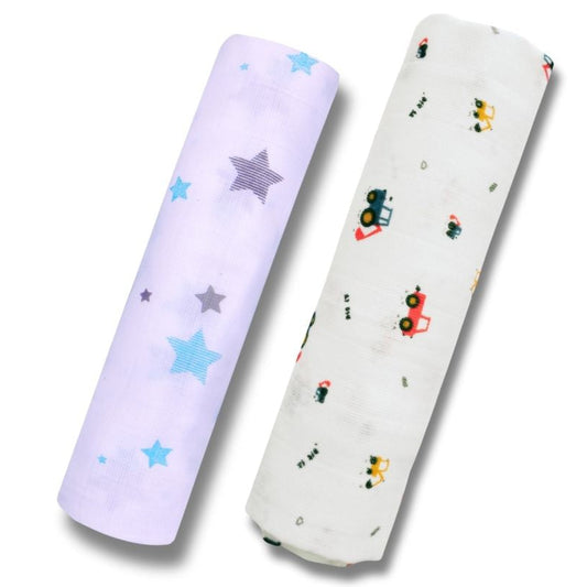Lazytoddler Muslin Swaddle Printed Design (Blue Star , Crane)  Set of 2