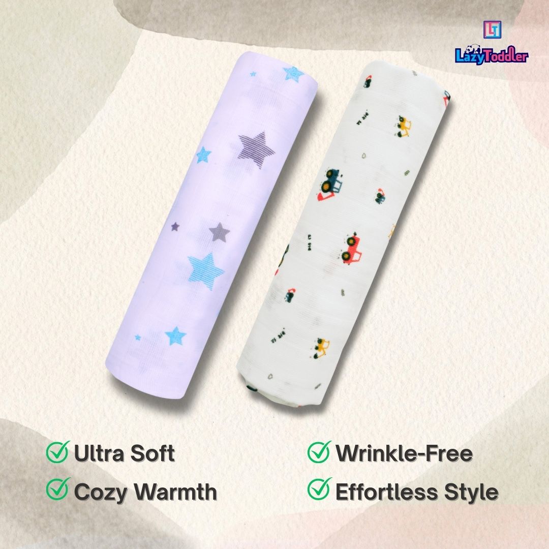 Lazytoddler Muslin Swaddle Printed Design (Blue Star , Crane)  Set of 2
