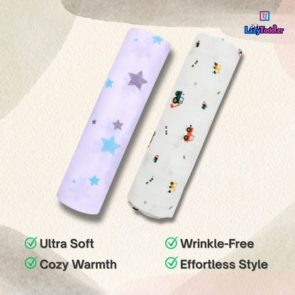 Lazytoddler Muslin Swaddle Printed Design (Blue Star , Crane)  Set of 2