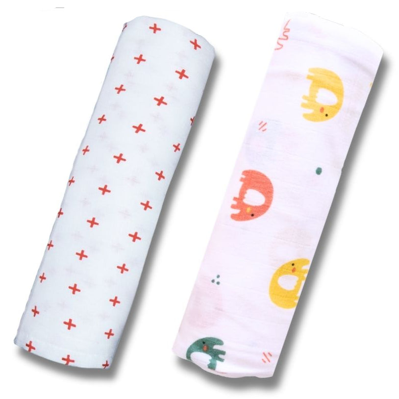 Lazytoddler Muslin Swaddle Printed Design (Red Plus & Elephant) Set of 2