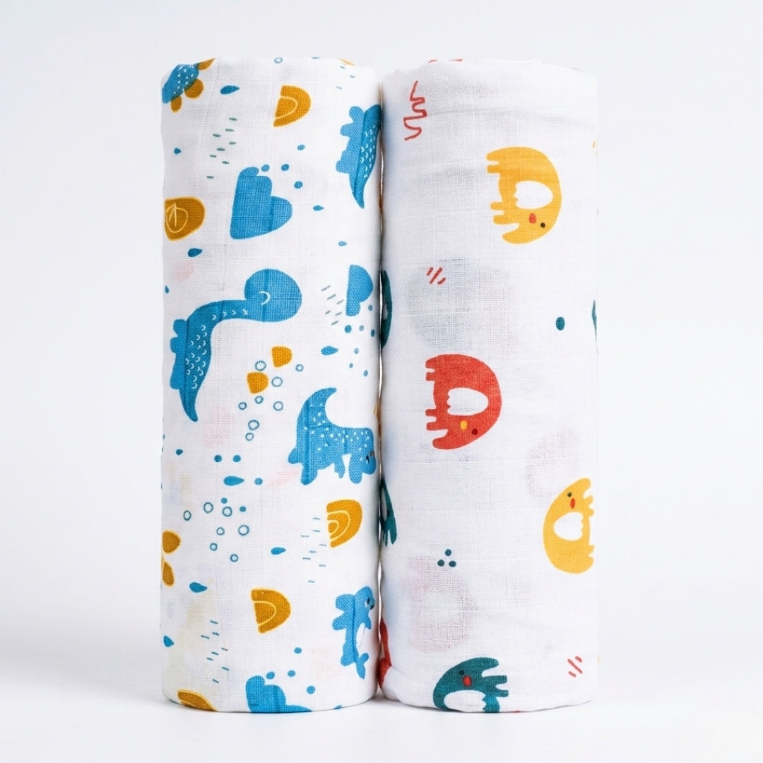 Lazytoddler Muslin Swaddle Printed Design (Blue Dino & Elephant) Set of 2